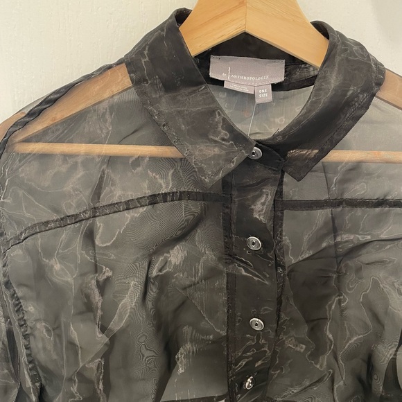 NWT Anthropologie Sheer Black Cropped Button Down Blouse - Picture 4 of 4